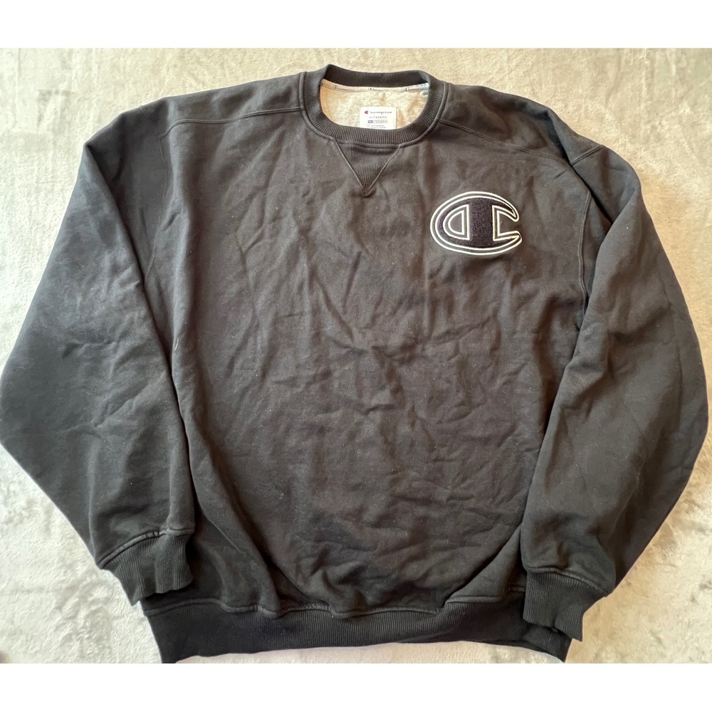 Champion Sweatshirt Mens 3XL Black Big C Logo Patch Pullover Crewneck